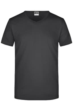 A black v-neck t-shirt with short sleeves and a simple design. It features a logo on the tag.