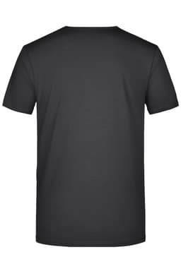 A black men's V-T shirt with a simple round neck and short sleeves, featuring a logo on the back.