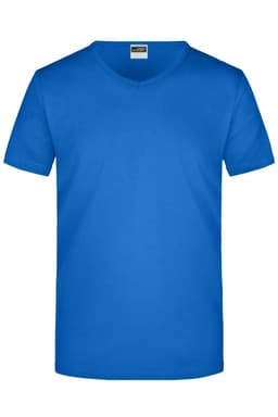 A blue V-neck T-shirt with short sleeves. It features a logo on the label.