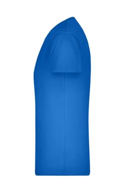 A bright blue men's V-neck T-shirt viewed from the side, featuring a simple design and a logo.