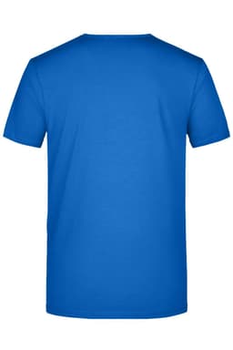A blue T-shirt with a plain back, featuring a logo on the neck area.