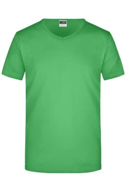 A green men's V-neck t-shirt with short sleeves and a plain design. It features a logo on the tag.