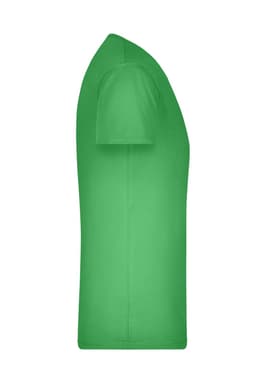 A green men's t-shirt displayed from the side, featuring short sleeves and a blank design. It has a logo.