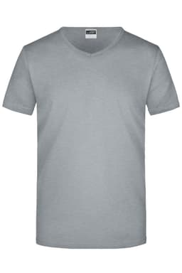 A grey men's V-neck T-shirt in a standard fit, featuring short sleeves and a branded tag.
