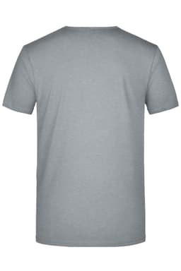 A men's grey V-neck T-shirt featuring a plain back design and a small logo.
