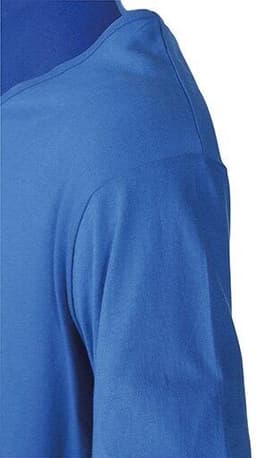 A blue V-neck t-shirt featuring short sleeves and a smooth fabric texture. It has a logo on the side.