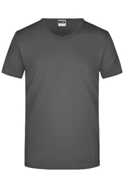 A dark grey men's V-neck T-shirt with short sleeves, featuring a label inside the collar.