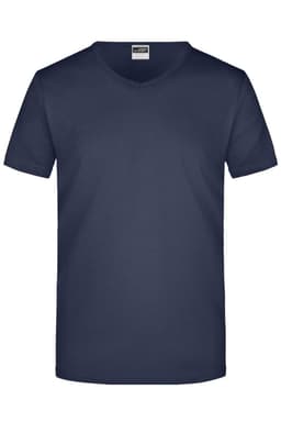 A navy blue men's V-neck t-shirt featuring a simple design and a logo.