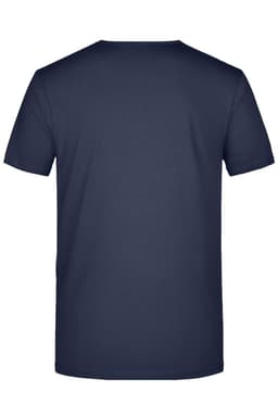 A navy blue men's V-neck T-shirt with a plain back design. Features a logo on the side.