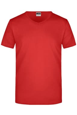 A red V-neck men's T-shirt with a plain design and a branded label at the neckline.