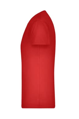 A red men's V-neck t-shirt displayed from the side, featuring a smooth fabric and a fitted silhouette.