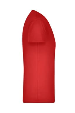 A red men's V-neck t-shirt displayed from the side, featuring short sleeves and a fitted silhouette.