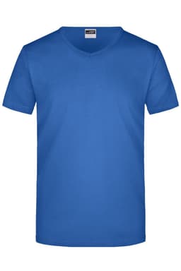 A blue men's V-neck T-shirt featuring a simple design and a label with branding.