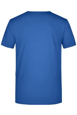 A blue men's V-T shirt featuring a solid back design and a logo.