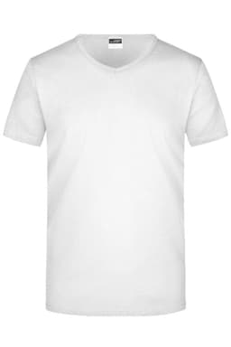 A white V-neck t-shirt with short sleeves, featuring a logo on the label.