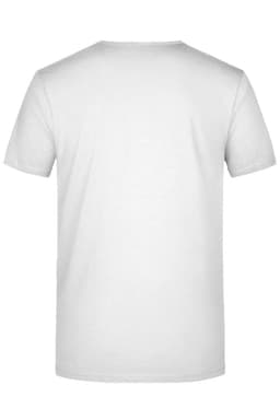 A white men's V-T shirt with a classic crew neckline and short sleeves. It features a logo on the back.