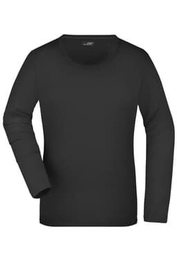 A black long-sleeve stretch shirt with a round neckline and a subtle logo. Suitable for various casual occasions.