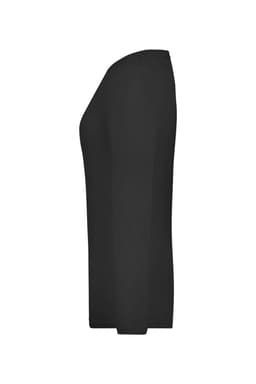 A black long-sleeve ladies stretch shirt displayed from the side, featuring a simple design and a logo.