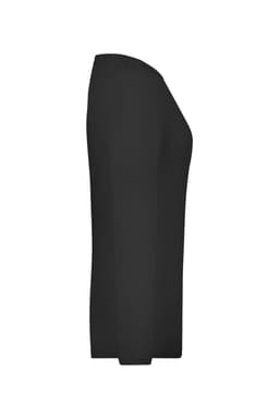 A black long-sleeve stretch shirt viewed from the side, featuring a smooth, fitted design and a logo.