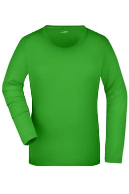 A green long-sleeve stretch shirt with a round neckline and a branded label.