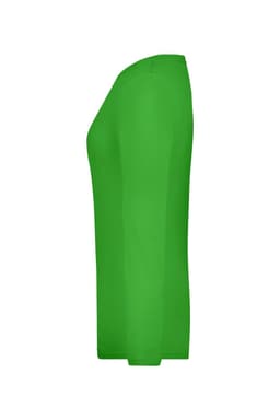 A green long-sleeve ladies' stretch shirt with a fitted design and a simple style. Features a logo on the garment.