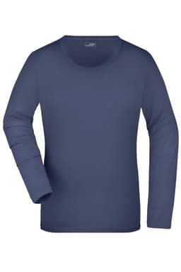 A ladies' long-sleeve shirt in navy blue with a round neck and a smooth fabric. It has a logo on the label.