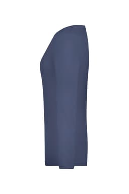 A navy ladies stretch long sleeve shirt with a fitted design and a simple round neckline.