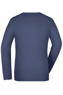 A navy long-sleeve ladies stretch shirt shown from the back, featuring a logo on one side.