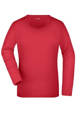 A red ladies' stretch long-sleeve shirt with a round neckline and one visible arm. It features a logo.