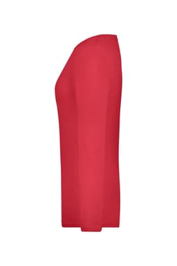 A side view of a long-sleeved shirt in vibrant red with a streamlined silhouette. The shirt features a logo.