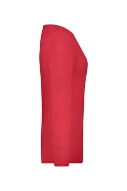 A red long-sleeve ladies stretch shirt displayed from the side, featuring a simple design and a fitted silhouette.