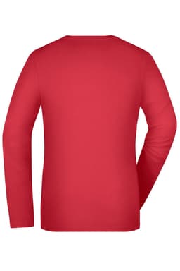 A long-sleeved women's stretch shirt in red, featuring a simple design with a back view. It has a logo.