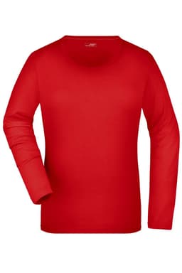 A red long-sleeved stretch shirt for women, featuring a round neckline and a fitted design. It has a logo.