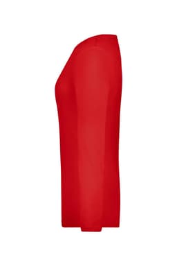 A red ladies' long sleeve stretch shirt viewed from the side, featuring a fitted silhouette and a smooth finish.