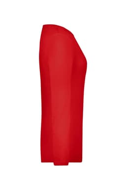 A red ladies stretch long sleeve shirt shown from the side, featuring a fitted design and a logo.