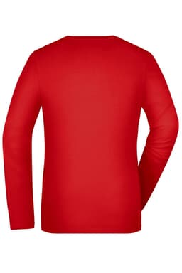 A red long-sleeve shirt with a plain back, featuring a logo on the label.