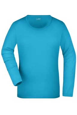 A turquoise ladies' long-sleeve stretch shirt with a round neckline and a logo.