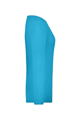 A long-sleeve ladies' shirt in bright turquoise, featuring a simple design and fitted silhouette.