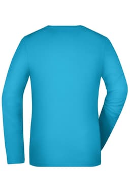 A turquoise long-sleeve stretch shirt with a plain back view. The shirt features a logo or branding.
