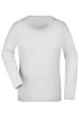 A white long-sleeved ladies' stretch shirt with a round neckline and a slight logo.