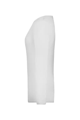 A white long-sleeved ladies stretch shirt with a slim fit and a subtle logo.