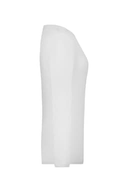 A white ladies stretch long-sleeve shirt viewed from the side, featuring a simple design and a logo.