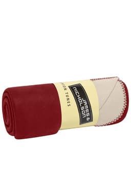 A rolled Bonded Fleece Blanket in red and cream, featuring a label and contrasting stitching.