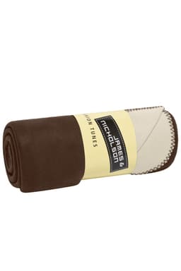 A rolled Bonded Fleece Blanket featuring a brown and cream colour scheme, with a logo on the band.