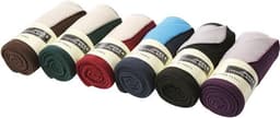 A collection of rolled bonded fleece blankets in various colours including green, burgundy, blue, black, and purple, each with branding.