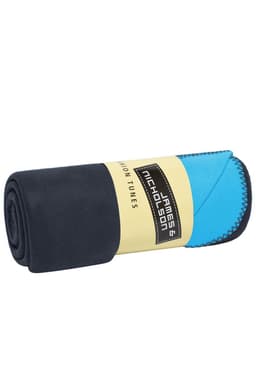 A rolled bonded fleece blanket in navy blue and light blue, featuring a logo on a label.