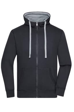 A black zip hoodie with a grey interior, featuring a front pocket and contrasting drawstrings.