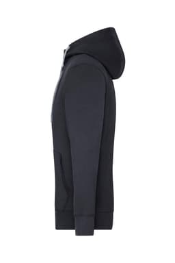 A black men's zip hoodie displayed from the side, featuring a hood and a kangaroo pocket, with a logo.