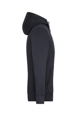 A side view of a black zip-up hoodie, featuring a hood and front pockets, with a small logo on the chest.