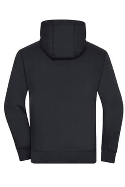A black men's lifestyle zip hoodie featuring a spacious hood and long sleeves. It has a simple design and includes a logo.